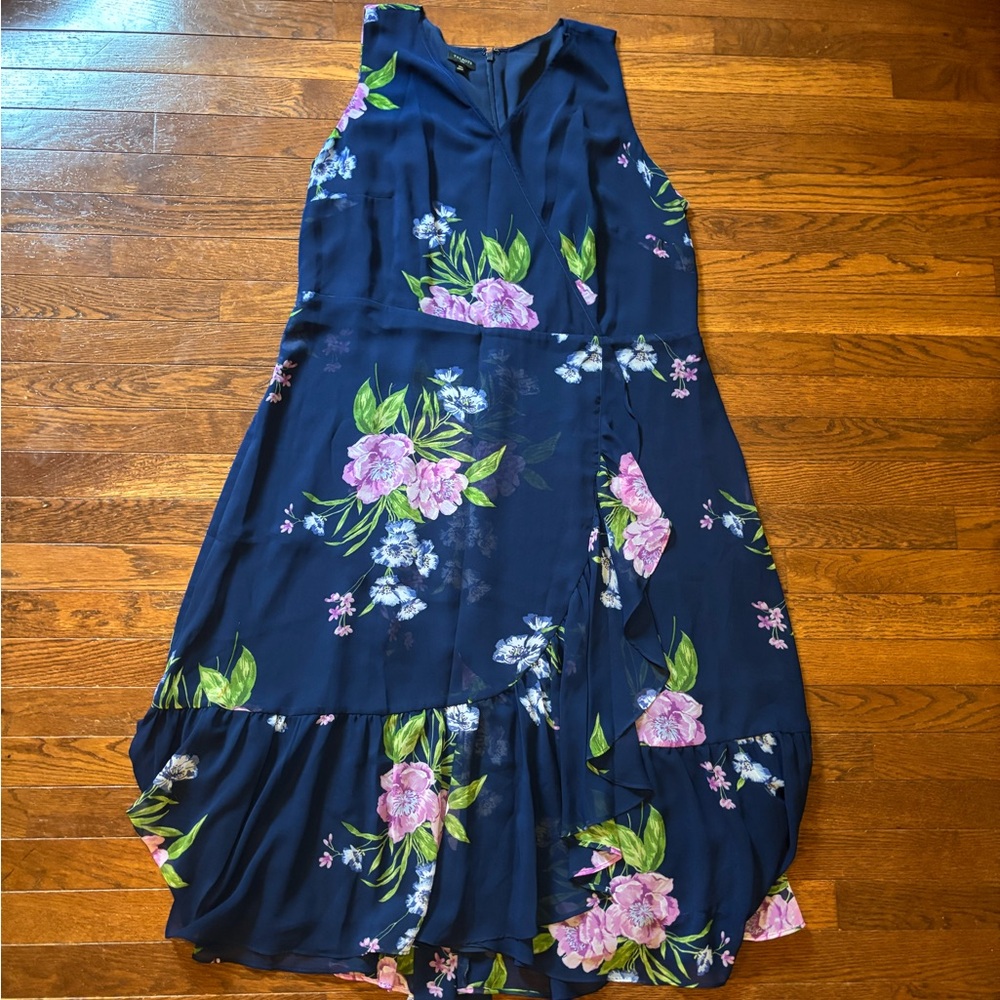 Talbots Blue and Pink Sleeveless Floral Ruffle Midi Dress